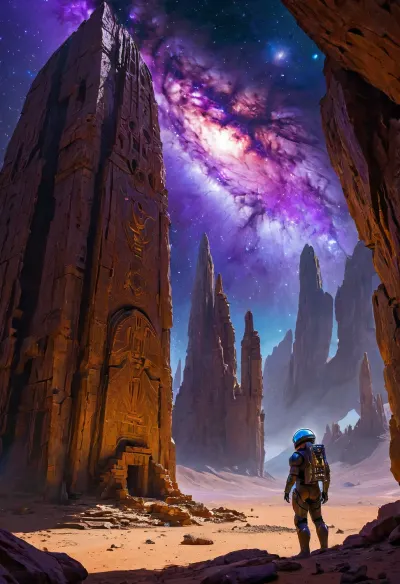 impressionist painting {An astroarchaeologist in an armored spacesuit, standing in front of a towering black obsidian monolith among the ruins of strange buildings, mottled with fractal glyphs that pulsate with bioluminescent energy. Alien ruins spread across the surface of an exotic planet littered with purple sand. A scientist's HUD helmet flickers with blue illumination from a holographic tablet as he busily attempts to decipher the alien symbols. A dying red giant star casts long purple streaks across the stage, its light catching the glow of a thousand other artifacts half-buried in the regolith, each one a puzzle to be solved}. loose brushwork, vibrant color, light and shadow play, captures feeling over form