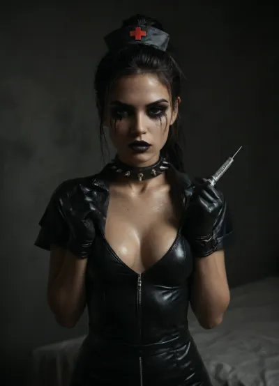 Model facing canera, adjusting gloves, ((30 years old, Tipical italian girl, fit body, fake booobs, perfect cute face, long black hair in ponytail, full black eyes, bimpo lips, skin pores, smooth skin, oiled body)), ((goth makeup, eyeshadow, eyeliner, mascara, black lipstick)), ((black nurse dress, black latex, black nurse hairband, nurse gloves)), (the nurse hold a syringe in a hand), (slave collar with spikes), <lora:add-detail-xl:1.3>, <lora:detailed_notrigger:1.2>, black, sclera, eyes, <lora:black sclera:.8>, <lora:dark:.8>