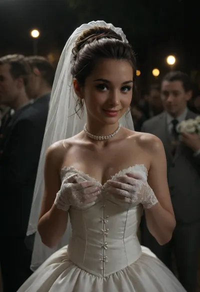 high resolution, high quality, dark scene at night, closeup of face, cute woman, smile, pearl choker, pearl earrings, (brunette Hair in elaborate updo:1.4), (standing model posing, (wedding dress:1.2), (white corset:1.2), (wedding veil:1.3), (white lace gloves), nipslip, very cute, smile, out of focus colorful flowers in a romantic outdoor background, outdoors, 3 men behind her, on, face, bukkake, cum), bellissima, downblouse, nipslip, d3v0n, 1woman, <lora:LesFemmesXL_v1.0:1.5>, <lora:dark:.4>, <lora:RealDownblouseXL2:.9>, <lora:Devon:1.4>
