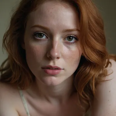 Pale freckled lady, flat stomach, protruding hip bones, wide hips, skinny, low hanging breasts, saggy tits, (pale), freckled chest, freckled face, freckled shoulders, ginger, unbuttoned, relaxed, loose jeans, bleached jeans, transparent teddy, leotard, contra posto, intense, blank stare, nose ring, wavy hair, medium long hair, brown eyed ginger, fit, 28 years old, tall, Faye Reagan, turtleneck