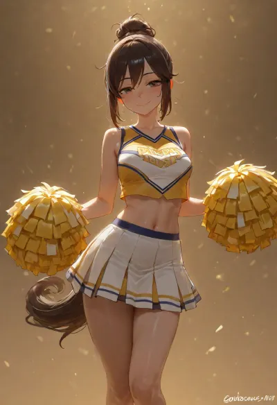The image shows a young woman with short brunette hair, high athletic pony-tail hairstyle, smiling. She is wearing a yellow and brown sleeveless cheerleader uniform with a short pleated skirt. Graceful, slender, sculpted legs. skinny and anorexic body, The light falls on her, creating soft lighting., (her uniform has the letters "DHS")