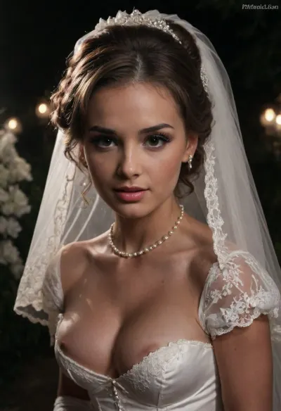 high resolution, high quality, dark scene at night, closeup of face, cute woman, smile, pearl choker, pearl earrings, (brunette Hair in elaborate updo:1.4), (standing model posing, (wedding dress:1.2), (white corset:1.2), (wedding veil:1.3), (white lace gloves), nipslip, thick eyebrows, very cute, smile, out of focus colorful flowers in a romantic outdoor background, outdoors, on, face, bukkake, cum), bellissima, downblouse, nipslip, d3v0n, 1woman, <lora:LesFemmesXL_v1.0:1.5>, <lora:dark:.4>, <lora:RealDownblouseXL2:.9>, <lora:Devon:1.4>