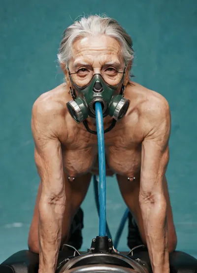 A full body view, nude, (metal neck brace), (an old woman of 69 years old:1.6), (massive, saggy tits), (nipple piercings), (gas mask with hose:1.2), A machine feeding a woman with a gas mask through a hose.

portrait, focus on face, looking up, on all fours, (forced feeding), (hose connected to mouth), (fuck machine:1.1), happy, (score_9, score_8_up, score_7_up, UHD 8K, masterpiece, best quality, maximum details, natural light, extreme realism, cinematic still)