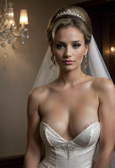 high resolution, high quality, dark scene at night, closeup of face, elegant middle aged woman, seductive smile, large pearl choker around neck, long pearl necklace down cleavage, large pearl earrings, (brunette Hair with blonde streaks in elaborate updo:1.4), (standing model posing, (wedding dress:1.2), (white corset:1.2), sequined dress:1.5), nipslip, nipple edges are visible, (wedding veil:1.3), (white lace gloves), very cute, out of focus colorful flowers in a romantic indoor background, indoors, holding flowers, bellissima, clothes, jenniferlawrence101, downblouse, <lora:LesFemmesXL_v1.0:1.5>, <lora:dark:.4>, <lora:Jennifer_Lawrence_SDXL_101:.8>, <lora:RealDownblouseXL2:1>, piercing, <lora:nipplePiercing-v1:.8>