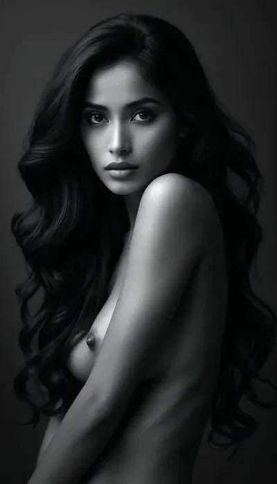 full body view of Pencil Tip, This black and white drawing is a surprisingly realistic pencil illustration. It depicts Princess Jasmine from the Disney animated film. Her long, dark, voluminous hair, styled in the iconic Disney style, is slightly disheveled, windswept and damp, adding a touch of natural vulnerability. The locks frame her face, rendered with soft shadows that emphasize her large eyes and delicate features.

She wears a skimpy version of her traditional dress, barefoot., (((show the foot))), The fabric clings to her body, its texture is masterfully drawn, evoking the creased weight of wet silk. The dress, with its bare shoulders, reveals part of the collarbone and adds a subtle fragility to the scene.

Her gaze is directed downwards and her expression is sorrowful, immersed in deep thought. The image is silent and full of emotion, the black and white tones accentuate the sense of loneliness and melancholy. Despite her sadness, her noble posture and graceful bearing suggest an inner strength.