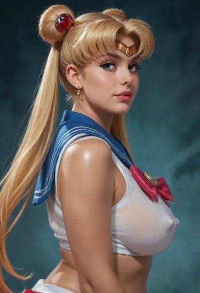 solo, side view, portrait, ((Sailor Moon)), obese, saggy boobs, nipple bulge, (reiq artstyle)