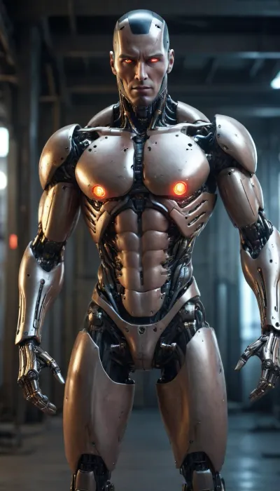 muscular male android, human skin on face, transparent robotic parts with glowing lights, mechanical body parts, guns in hand, fixed stare straight ahead, full body view