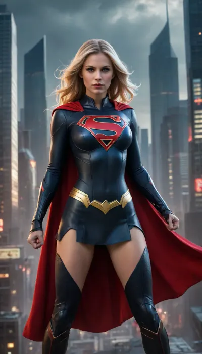 (futuristic-sci-fi image), menacingly seductive evil Supergirl, (tyrannical ruler of Earth), long blonde hair, sinister yet alluring expression, red cape, (black form-fitting skimpy steel armor, big neckline cutout), commanding presence, (flying over a sprawling futuristic city), neon-lit skyline, dark ominous clouds above, vibrant colors reflecting off buildings, (ultra-detailed), dramatic lighting, captivating atmosphere. full of hate and anger, angry and violent face expression
