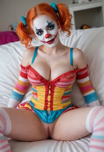 young beautiful girl 18 years old clown girl with big breasts, wearing a pulled-up dress without any underwear, laying on her back with spread legs, no panties, long striped socks, clown makeup, skinny, white face paint, detailed vagina, looking at the viewer, back long high twin multi-colored ponytails, excited, aroused, tack sharp, 4k, dslr
