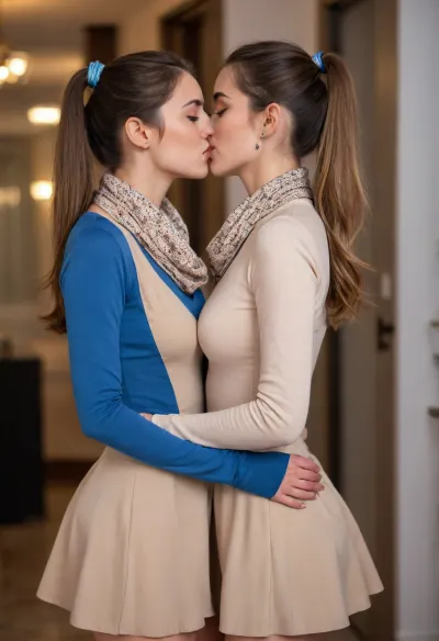 beautiful, gorgeous, 25_year_old, French woman, (Beautiful_French_woman), kissing her girlfriend passionately, 2girls, (French_kiss), in the evening, dimmed_lighting, after_sunset, reflective_skin, (wearing a dark blue long-sleeve shirt, scarf, skirt, pantyhose), medium_height, long_hair, dark_hair, blue_scrunchie, ponytail, blue_eyes, perfect_figure, small_nose, thin_lips, jewelry, flower, (girlfriend is wearing a casual beige microdress), (girlfriend with bobcat hair)