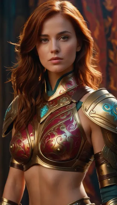 Pop surrealist painting with fantasy-inspired brush handling of a video game heroine, wearing fantastical armor crop top and wrapped digital-patterned fabric. Perfectly rendered abdominal muscles created through stylized paint application rather than realistic modeling.