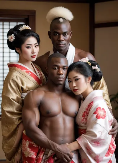 a muscular giant naked African Zulu man hugging two Petite charming 20-year-old beautiful Japanese geishas wearing Luxurious kimono and Shimada hairstyle with big beautiful breasts and Japanese white face powder with Very very huge large breastsinterracial