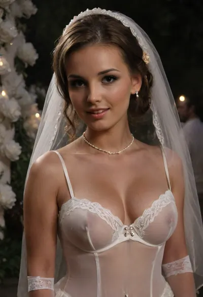 high resolution, high quality, dark scene at night, closeup of face, cute Devon, smile, pearl choker, pearl earrings, (brunette Hair in elaborate updo:1.4), (standing model posing, (wedding dress:1.2), (sheer white corset:1.2), (wedding veil:1.3), (white lace gloves), nipslip, very cute, smile, out of focus colorful flowers in a romantic outdoor background, outdoors, 3 men behind her, on, face, bukkake, cum), bellissima, downblouse, nipslip, d3v0n, 1woman, clothes, seethru, <lora:LesFemmesXL_v1.0:1.5>, <lora:dark:.4>, <lora:RealDownblouseXL2:.9>, <lora:Devon:1.4>, <lora:seethruv3_SDXL:.5>