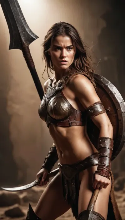 Datamoshing. Full body shot 3/4 view of a young beautiful scarred female barbarian warrior with bare midriff and large axe in her hands, facing camera in a fighting action dynamic pose, a grand barbarian women's battle in the background