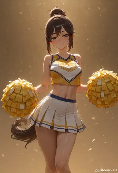 The image shows a young woman with short brunette hair, high athletic pony-tail hairstyle, smiling. She is wearing a yellow and brown sleeveless cheerleader uniform with a short pleated skirt. Graceful, slender, sculpted legs. skinny and anorexic body, The light falls on her, creating soft lighting., (her uniform has the letters "DHS")