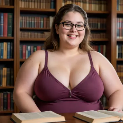 ((chubby)), library, nerd, woman, smile, (titjob)