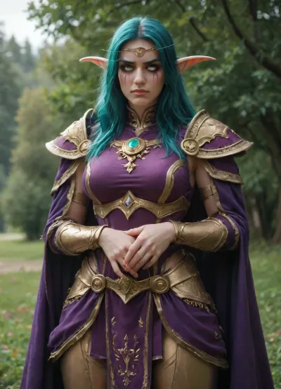 Night elf from world of warcraft, teal hair, (straight tall hair), silver circlet, jeweled circlet, long ears, revealing armor, (glowing eye), (closed mouth), (extreme makeup), hunter, wool flowing cloak, golden brooch, jeweled brooch, (disappointed:1.4), (tight pants), (hulking armor), cotton tabard, purple tabard green accents, gold trim, thick knight armor, (legs spread), pussy, (huge thick thighs), forced, pelvic curtain, dynamic pose, detailed, eyes, perfect, freckles, skin, texture, photorealistic, <lora:Super_Eye_Detailer_By_Stable_Yogi_SDPD0:1.2>
