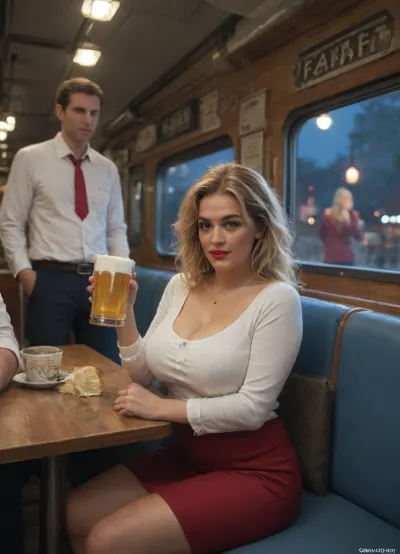 (night time:1.5), blond mature woman with messy hair, red lipstick and huge natural tits sits at the bar of a train restaurant, buffet wagon, (two attractive men talking to the woman:1.4), huge penis bulging in his pants, garters, drinking beer