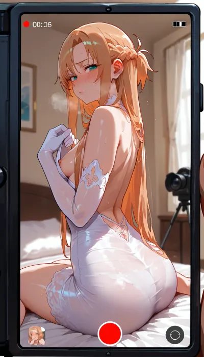 (couple), (1boy photographer, 1 girl Asuna:1.2), Sword Art Online, (young:1.5), intensively undressing herself, taking off her silk dress, white silk hand gloves, (showing her only one nipple:.8), looking at camera, (small breast:1.2), shy, shame.

She sitting on a white sofa in front of video camera, video camera is pointed at her.

Boy recording her, boy shooting up her on his camera, posing to photographer, boy photographer in frame.

Porno studio, porno session, porno casting, white sofa, camera, backstage shooting.

Perfect face, perfect body, perfect eyes, perfect pupils, perfect fingers, perfect skin, perfect tight ass.

Ultra high detailed face, ultra high detailed body, ultra high detailed eyes, ultra high detailed pupils, ultra high detailed fingers, ultra high detailed skin, ultra high detailed ass.

Ultra high detailed photo, anime style, perfect art, professional photo-session.

Perfect colors, perfect brightness, perfect contrast, perfect quality, natural colors.