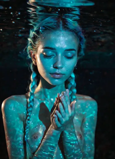 A mystical underwater portrait of a serene young woman submerged in glowing blue water, her eyes gently closed in calm meditation. Intricate bioluminescent tribal patterns illuminate her face and body, pulsing with ethereal cyan light. Her hair is styled in detailed braids flowing naturally underwater. Luminous translucent fish swim around her hands and face, casting soft neon reflections. Dreamlike atmosphere, cinematic lighting, volumetric fog, particles suspended in water, ultra-detailed skin texture, fantasy sci-fi aesthetic, magical realism, shallow depth of field, ultra-realistic, 8K resolution, soft glow, high contrast, teal and aqua color palette.