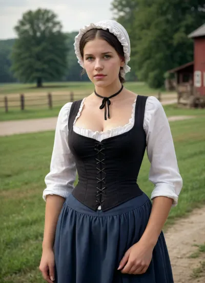 Half-naked Amish busty woman, traditional amish dress with bonnet, unbuttoned corsetee, exposed naked breasts, farm outdoor, hyperrealistic