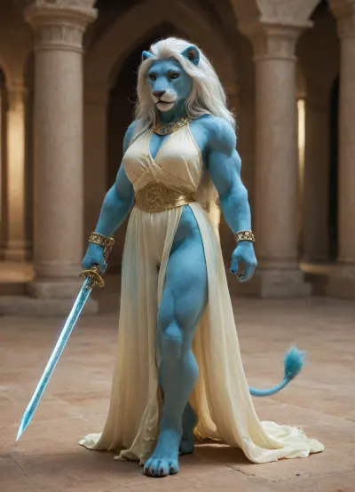((tall muscular female furry anthro lion, arabian princess dress, furry paws, anthro hands, glowing radiant white bracelets on arns and legs, exposed pussy, open glowing pussy, blue body furr, white hair, warrior princess, glowing Arabian sword)), high resolution, detailed