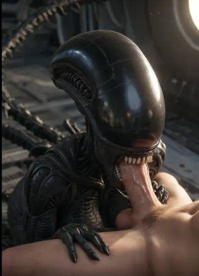 masterpiece, best quality, absurdres, highres, high quality, highly detailed, ((alien female, Character, xenomorph anthro woman)), (((thick outlines, black outline))), 1girl, xenomorph, alien, monster, very black skin, black skin, sharp teeth, no eyes, (female xenomorph deepthroating a big dick male human), deepthroat, oral sex, pinned human, (theme), saliva trail, open mouth, naturally huge breasts, spiked tail, tall female, huge ass, wide hips, thick thighs, curvy, hunting, detailed background, spacecraft, science fiction, dark, dark lighting, HDR, detailed lighting, volumetric lighting, shadow