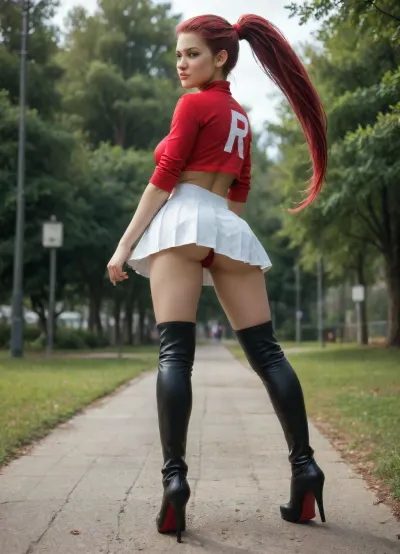 Jessie from Pokémon, super slutty, realistic proportions, high ponytail, perky breasts, thick ass, small waist, slutty team rocket top, white pleated micro skirt, red lace panties, upskirt, thigh high leather heeled boots, teasing her body, busy park, many people on background, jogging park, view from below, dominating presence, <lora:add-detail-xl:.8>, detailed, eyes, perfect, freckles, skin, texture, photorealistic, <lora:Super_Eye_Detailer_By_Stable_Yogi_SDPD0:.8>, <lora:xl_more_art-full_v1:.8>