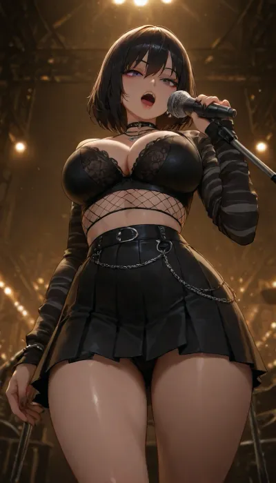 rock band, lead singer, rockstar, goth, emo, hard rock, (big tits), short black hair, piercings, short pleated skirt, black lace bra, fishnet top, black skirt, on stage, singing, colorful light, view from below, slim waist, black fingernails, spiky choker necklace, cleavage, lace panties