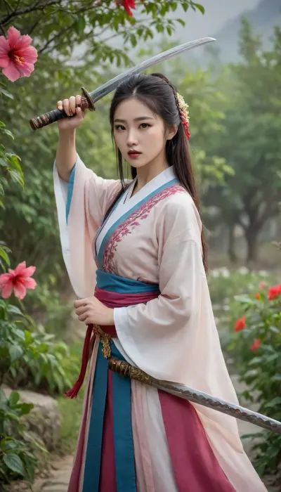 Fantasy art, artistic, professional photography, fantasy art, Korean female warrior, with her head held high, wearing traditional Korean clothing, holding a hwanndo sword in her hand, standing in a garden with blooming hibiscus flowers, soft contrast, soft saturation.