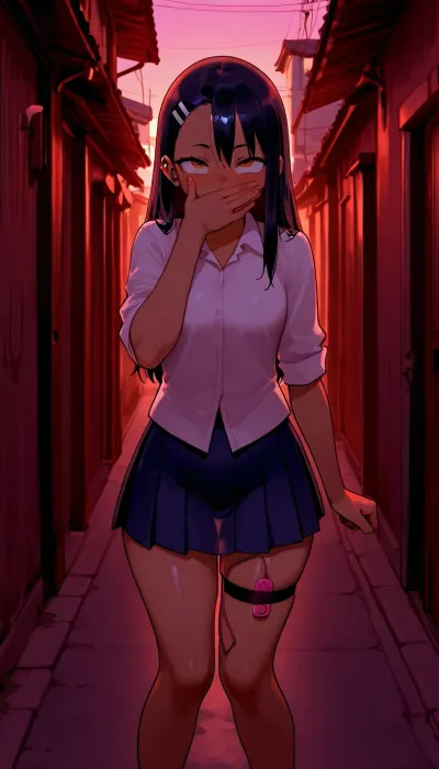 Hayase Nagatoro, knees together, legs apart, Look a viewer, covers her mouth with her hand, rolling eyes, vibrator under skirt, standing, outdoor, Model, fully clothed, vibrator attached to the leg