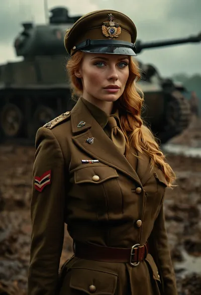 Uber realistic, 8k, ultra detailed, masterpiece, 1girl, beautiful busty female dieselpunk British officer, (world war, the great war, WW, WW2, World War 2), (large_breasts), (she is an incredibly beautiful woman with a athletic and voluptuous build, light skin, pale blue eyes and long, wavy light ginger hair), (she wears somewhat revealing clothes, consisting of a world war 2 british army uniform, black high-heeled boots and wears a officer hat on her head), (european field World War 2 battlefield with dieselpunk World War 2 tanks in background), cloudy, night, storming, action pose, wet and muddy ground, High, Resolution, More, Details, 8K, but, <lora:add-detail-xl:2>, <lora:MJ52:2>, <lora:BUT_SDXL_SHS:.3>