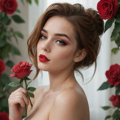 The image depicts a beautiful woman with striking makeup and an elegant hairstyle holding a vibrant red rose near her face. Her makeup includes defined eyebrows, smoky eyeshadow with a winged eyeliner, lush eyelashes, and glossy red lipstick. Her hair is styled upwards, showcasing its brown and auburn tones. The red rose is prominently displayed in the foreground, creating a striking contrast with the woman's fair complexion and drawing attention to her features. The background is a bright white, enhancing the visual impact of the subject and rose.
