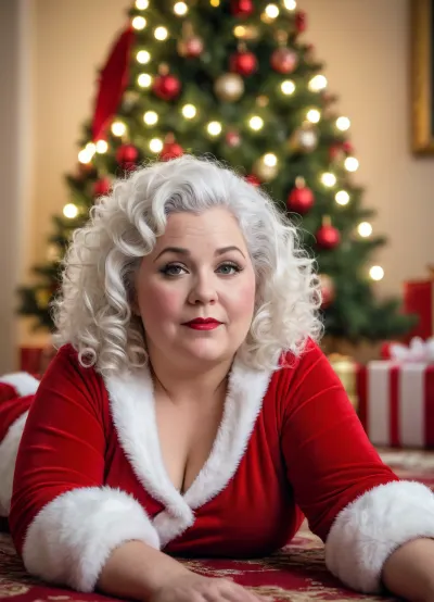 Chubby mature woman, white curly hair, lounging on floor in front of Christmas tree, wearing Santa clause costume