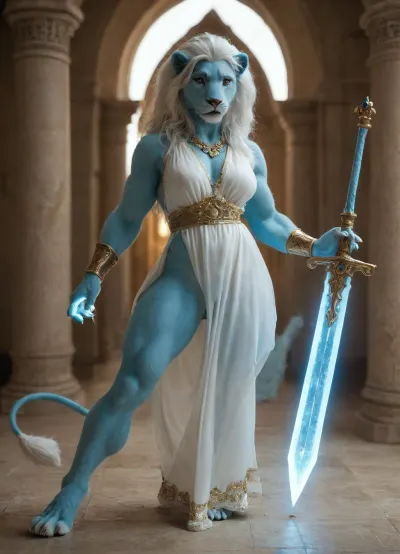 ((tall muscular female furry anthro lion, arabian princess dress, furry paws, anthro hands, glowing radiant white paws, exposed pussy, open glowing pussy, blue body furr, white hair, warrior princess, glowing Arabian sword)), high resolution, detailed