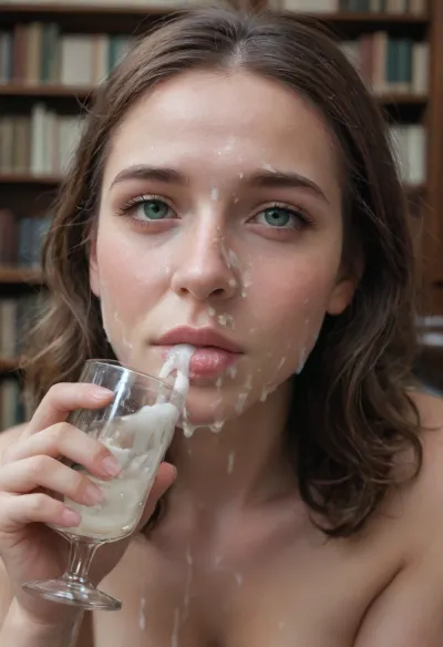 Photorealistic extreme bukkake afterglow erotic close-up scene of a stunning woman named Vanessa with heart-shaped face heavily covered in thick white cum streaks and splatters on cheeks, forehead, nose, lips, chin and hair, (face completely covered in semen:1.6), porcelain skin with subtle freckles visible under cum layers, large almond emerald green eyes looking directly at the viewer with playful satisfied gaze through cum-glazed lashes, luxurious copper-auburn wavy hair messy and sticky with semen.
She is kneeling in the library, topless, black pencil skirt hiked up, sheer black pantyhose. She is holding a clear glass filled to the brim with thick white semen, (glass full of cum:1.8), slowly drinking it with visible swallows and gourmand expression, (drinking cum greedily:1.9), cum dripping from her cum-coated lips and chin as she tilts the glass, tongue licking the rim, joyful aroused smile while maintaining intense eye contact with the camera.
Warm library lighting highlighting abundant sticky fluids on face, body and glass, photorealistic, highly detailed facial textures, heavy semen volume and dripping effects, sharp focus, extreme hardcore bukkake drinking erotic photography style, 8k.
