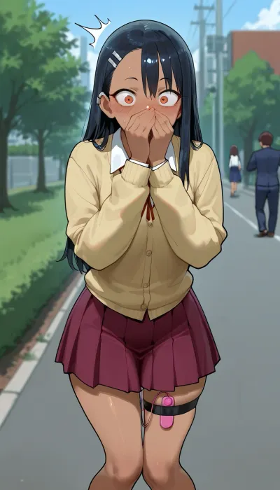 Hayase Nagatoro, knees together, legs apart, Look a viewer, covers her mouth with her hand, shocked, vibrator under skirt, standing, outdoor, Model, fully clothed, vibrator attached to the leg