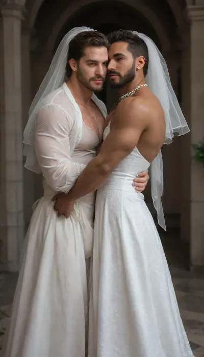 Male bodybuilder in a wedding dress. Cross dressing. Arab. Middle Eastern man in white wedding dress. Male. Muscles. Bodybuilder. Middle Eastern. Man in dress. Crossdressing. Beard. Dark skin. Brown skin. Male. Dress. Muscles. Handsome. Beard. Oversized muscles. White dress. Dick bulge in dress. Jewelry. Diamond necklaces, gown. Corset. Covered pecs. Visible dress straps. Earrings. Makeup. Wedding veil. Male bride. Wedding. Gay wedding. Man. Handsome.