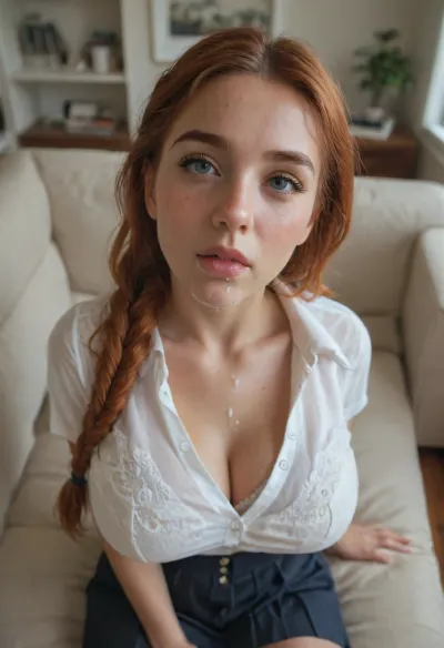 Living room, 18 yo girl, sitting on couch, very busty, looking up to viewer, she is very busty, she is insanely beautiful, freckles, irish, long ginger braided hair, (tight white school shirt), (bursting buttons), (big firm silicone breasts), (white bra showing a bit), pleated miniskirt, ((crying)), ((very close view from above)), ((front view from very high angle)), (very close focus on face and tits), ((tons of thick white cum on face and in mouth))