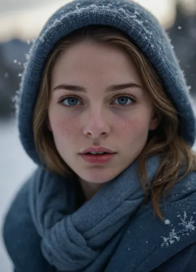 A close-up cinematic portrait of a young woman standing in the snow, her face partially covered in frost and delicate snowflakes. Cold blue tones dominate the scene, creating a moody winter atmosphere. Her expressive eyes reflect quiet emotion and resilience, with soft light highlighting her lips and the texture of frozen flakes on her skin. The depth of field is shallow, blurring the background into cool blue hues. Hyper-realistic details, 8K resolution, dramatic lighting, bokeh snow particles, filmic color grading, photography by Dan Winters, Nikon Z9, 85mm f/1.4 lens., <lora:Hegre-Nude_woman-000001:.8>