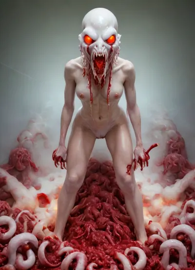 high quality, incredible detail, perfect lighting 1.2, 1 sexy nude anorexic ginger Irish woman, (transforming into a sexy realistic skinny, veiny, evil anthropoid gorgeous succubus girl, split forked tongue dripping, big puffy wet open pussy. long Tongue bifurcation, they are playing with there erect nipples. sharp teeth futanari. bukkake., (night:1.3), (((mystical fog, white transparent slime liquid wets meat and skin. skinned animals.))), bubbling cauldron green steam, human skulls, skull, high contrast, ((((glowing red eyes. standing splits on pile of fleshy white meat squids and bloody raw meat, entrails, savagely feasting on raw organs, brains, pussy swollen in view finder, (highly detailed face:1.3), (flat chested:1.3))))), neon, lights, dark, ambient, light, (evil eyes:1.3), (long pointed elf ears:1.2), spread legs, (bed:1.3), (realistic dragon claws on her fingernails:1.3), (intense dragon vagina texture)), ((((breathtaking gorgeous goth anorexic egirl, 18 years old, astonishing beautiful skinny face, 15 tons of aloe Vera liquid covers the entire scene)))), searching meat pile for sex toys, Photo realistic erotic photo, professional erotic artistic photography, highest-resolution, 32k uhd, hdr, 120mm film photo, black lipstick, (long dark-blonde hair with bangs:1), large-sleek-high-ponytail, (skinny anorexic body:1.3), (sadistic slut attitude:1), sexy poses photo realistic skin details, freckles, pimples, dimples, acne, (random view and random angle:1.5), ac_neg1, 4ng3l, face, <lora:SDXL_BetterFaces-LoRA_v1:1>