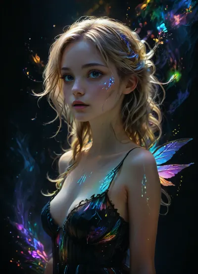 Beautiful heavyset blonde fairy, age ~50, visible age lines and natural wrinkles, standing in a moonless field at midnight, multicolored translucent fairy wings, pitch-black night sky exploding with visible galaxies, swirling nebulae, and star clusters like cosmic neon patterns, luminous spirals and radiant starbursts streaking across the heavens, vibrant blues, purples, golds, and whites glowing against deep black space, soft starlight casting a gentle glow onto her face, close-up portrait framing face and a single glowing neon purple flower in her hand, long flowing blonde hair caught in the wind, elegant gothic black dress with luminous rainbow neon outlines, neon trim softly illuminating her face and upper body, dramatic chiaroscuro lighting, small glowing blue and silver neon vain tracings over her body, low-key cinematic contrast, ethereal and mystical atmosphere, small glowing fairies hovering nearby, ultra-realistic, neon style, fantasy realism, high detail, sharp focus, dark fantasy aesthetic, (large sagging natural breasts), (breasts overflowing dress), xsgb, <lora:zavy-cntrst-sdxl:1.6>, <lora:MJ52:1.2>, <lora:Neon_Style_XL:1.2>, <lora:xsgb:.6>, PENeonUV, blacklight, neon, <lora:PE_NeonUV Style:.8>