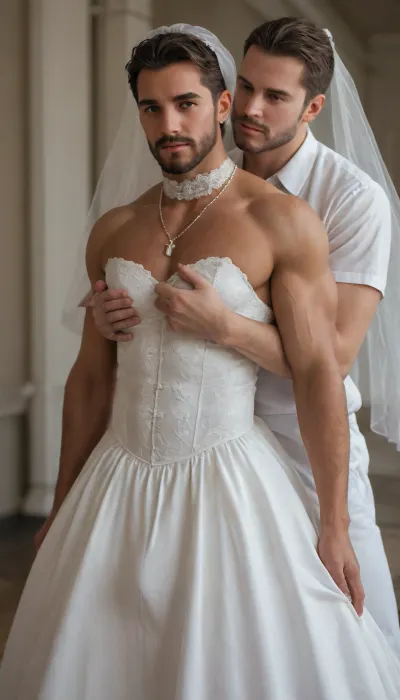 Male bodybuilder in a wedding dress. Cross dressing. Arab. Middle Eastern man in white wedding dress. Male. Muscles. Bodybuilder. Middle Eastern. Man in dress. Crossdressing. Beard. Dark skin. Brown skin. Male. Dress. Muscles. Handsome. Beard. Oversized muscles. White dress. Dick bulge in dress. Jewelry. Diamond necklaces, gown. Corset. Covered pecs. Visible dress straps. Earrings. Makeup. Wedding veil. Male bride. Wedding. Gay wedding. Man. Handsome.