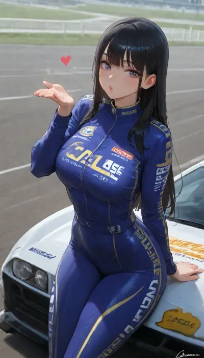 1girl, race car driver, modest loose racing suit, sitting on race car, athletic, very long black hair, straight hair, blowing kiss, normal chest size, tall, thin body, race track, standing on winner's podium, winner's medal, sparkling eyes