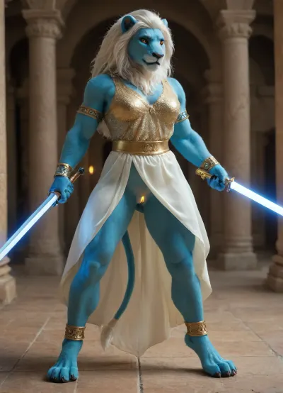 ((tall muscular female furry anthro lion, arabian princess dress, furry paws, anthro hands, (glowing radiant white bracelets on arns and legs:1.3), exposed pussy, open glowing pussy, blue body furr, white hair, warrior princess, glowing Arabian sword)), high resolution, detailed