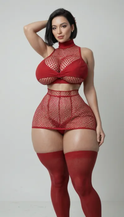 white background, white room, (milf:1), white voluptuous woman, short black hair, bobcut, thin waist, very busty, (massive breasts:1.1), (massive ass:1.3), (wide_hips:1.6), red fishnet skirt covering her ass, red fishnet top with turtleneck, red stockings, posing, front view, standing in a white room.