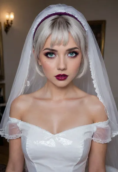 photo realistic, ((masterpiece)), ((best quality)), 8k, high detailed, ultra-detailed, detailed face, Stunning photo, highest quality, high viewing angle, 19 years old, insanely attractive face, I am a very bad depraved girl. I stretch my anus using special tools and equipment to produce large amounts of milk., (makeup:1.3), unreal blue eyelashes
my breasts swell, they overflow with milk, the nipples enlarge and the milk begins to flow, I connect a special device for collecting milk, ((dark purple lipstick with a bright burgundy lip outline)), (short haircut with bangs, shiny platinum hair), (((serial number stamp and QR code:1.3))), glitt3r, white, thighhighs, (short, hair:1.7), hair, on, one, eye, frills, puff, sleeves, (white, bridal, dress, veil:1.5), <lora:glitt3r:2>, <lora:Nier_Automata_2B_White_Wedding_Dress_Bride_Cosplay_Realistic_LoRA:1.4>