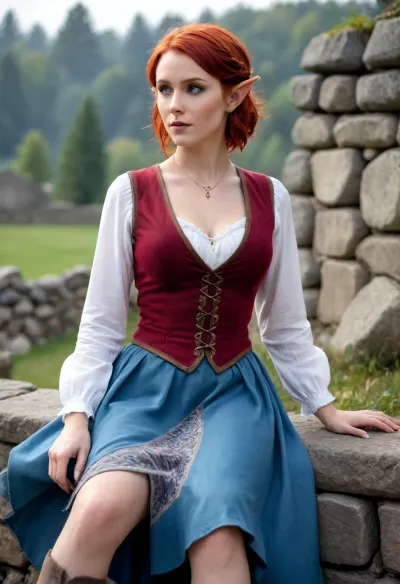 Elf woman, pointed elf ears, deep red hair in a bob cut, fair complexion, brown vest over a white long-sleeve shirt, long blue ankle-length skirt with decorative gray flame-like patterns near the hem, sitting on a stone wall, gentle/confident expression, massive breasts, massive hips, cottage in the background, fantasy setting
