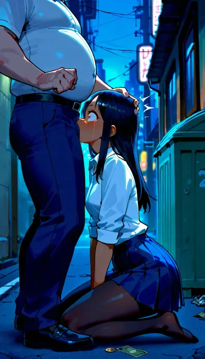 Kneeling, hayase nagatoro, implied blowjob, implied deepthroat, fat man, fully clothed, white collared shirt, pleated skirt, black pantyhose, tears, surprised expression, street, night, outdoor, lane, trash box, drop metalic coin, money, dollars