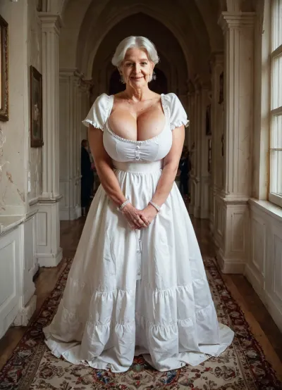 Very busty very old submitted granny works hard, very big breasts, real casual grandmother, massive oversized siliconed breasts, perfect stacked thick body, indoor, housemaid uniform, mansion background, on her knees High detailed photo, high quality photo, professionnal photographer, different angles views